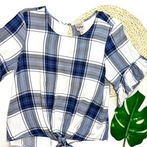 Como Vintage Blue and White Plaid Flutter Ruffle Sleeve Front Tie Top Size Small